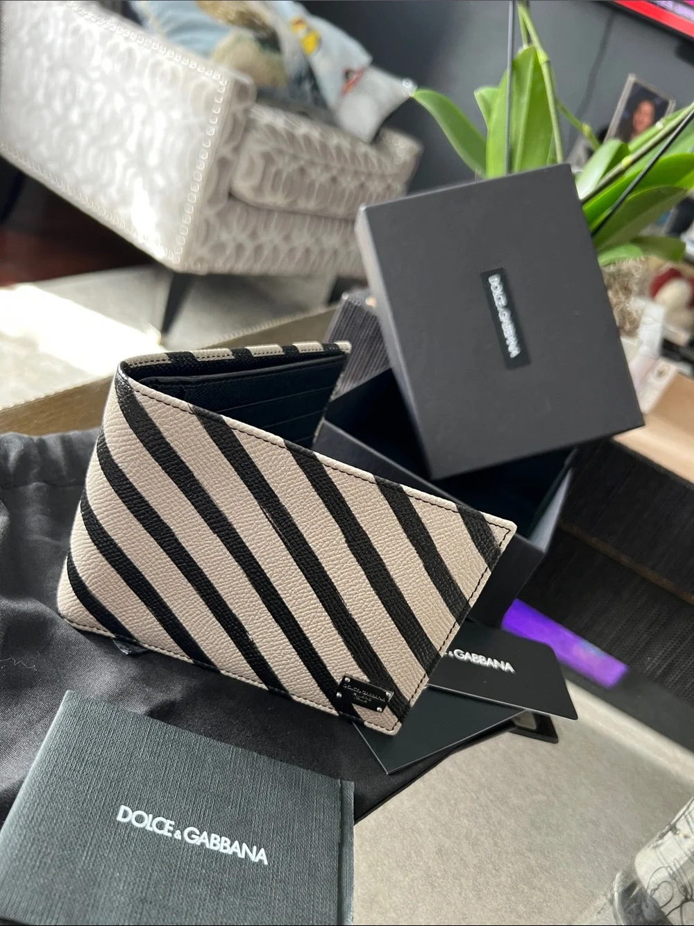 Dolce & Gabbana Black and Cream Diagonal Stripe Card Holder